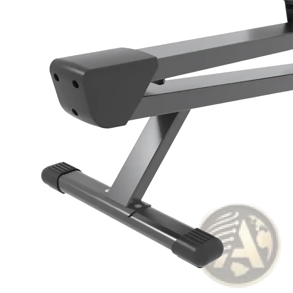 Black plastic-coated metal weight bench with padded end caps and rubberized foot pads for smart rowing machine use