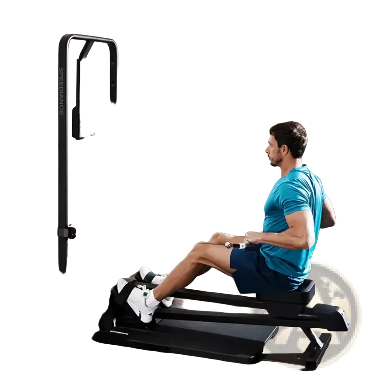 Black smart rowing machine with digital display screen for home fitness featuring a lever rower design
