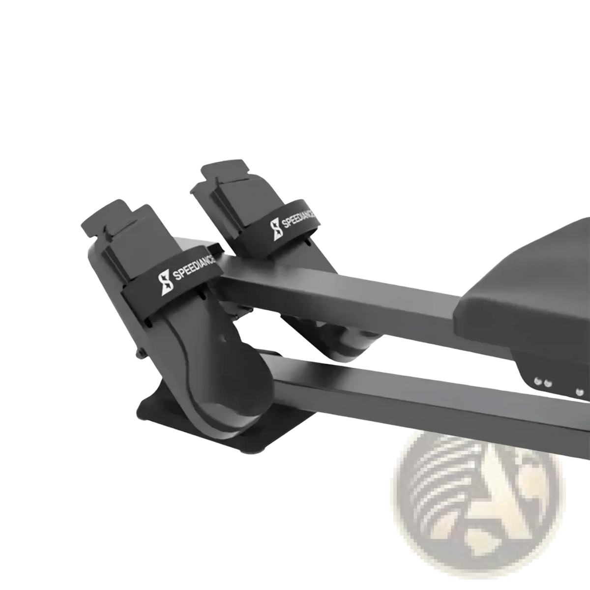 Black speedo smart rowing machine with sleek modern design and adjustable foot straps for home fitness use