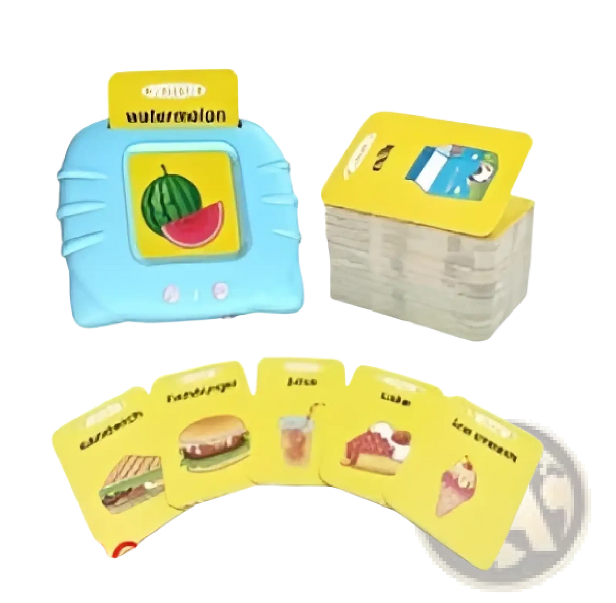 Blue plastic watermelon-themed educational card holder with yellow food illustration cards for early learning use