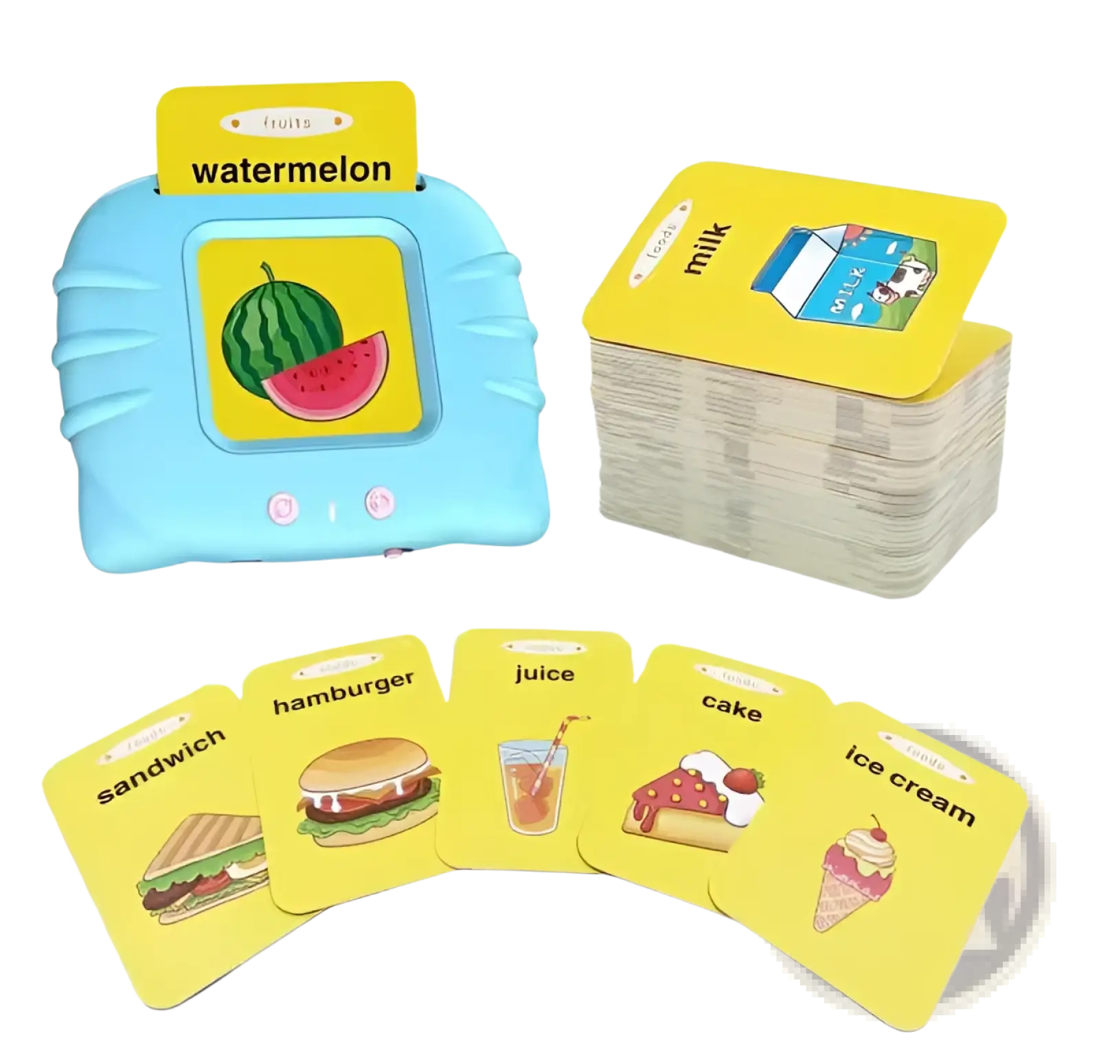 Light blue plastic smart talking flash cards early education toy with interactive screen showing watermelon and two circular buttons