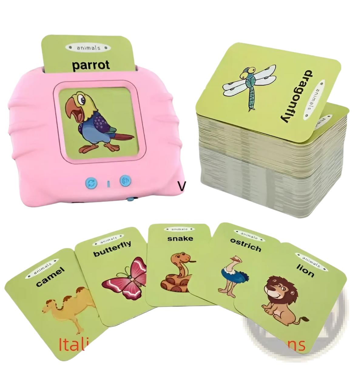 Pink smart talking flash cards early education toy featuring an interactive screen with a parrot and green animal flashcards