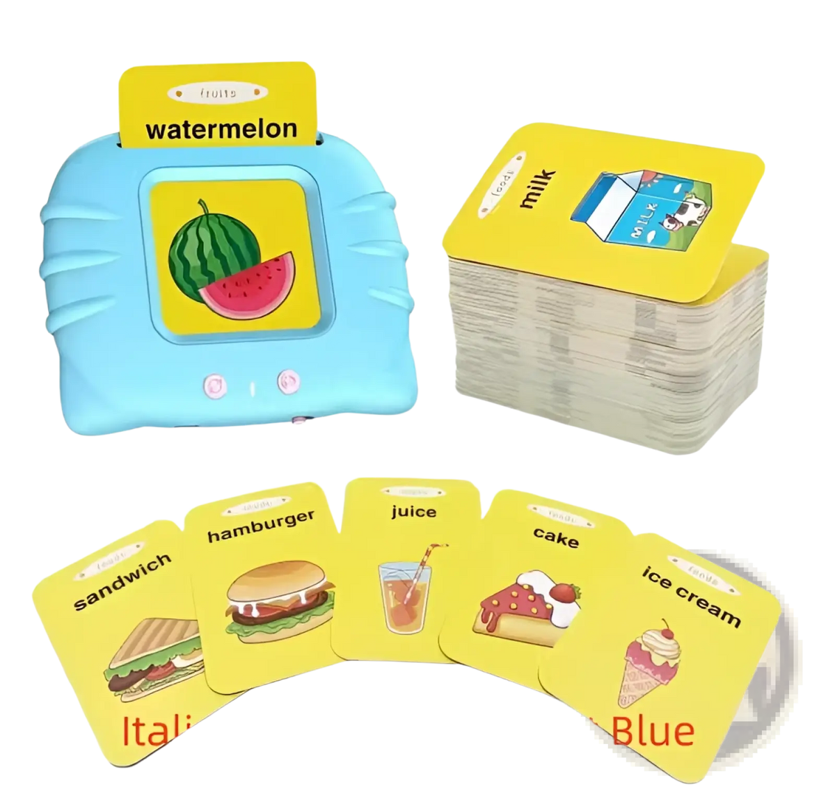 Blue plastic smart talking flash cards early education toy with interactive screen and yellow food item flashcards