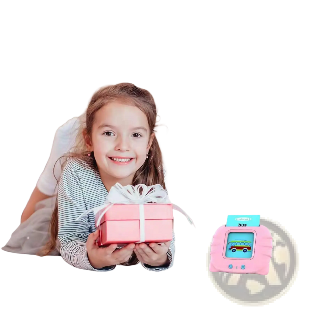 Pink plastic smart talking flash card toy with screen displaying a bus and the word bus for early education