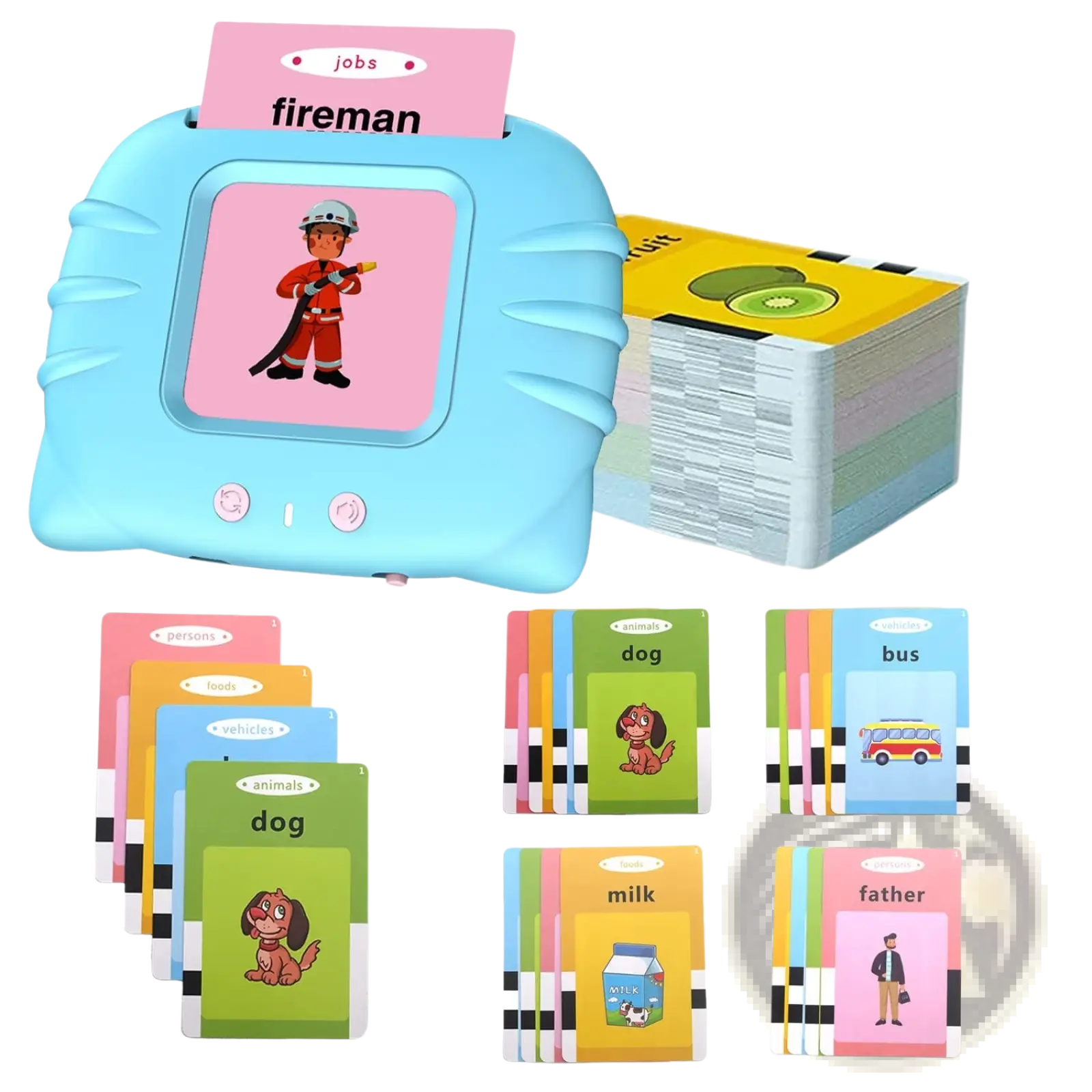 Light blue plastic smart talking flash cards educational toy with screen showing firefighter and labeled learning cards