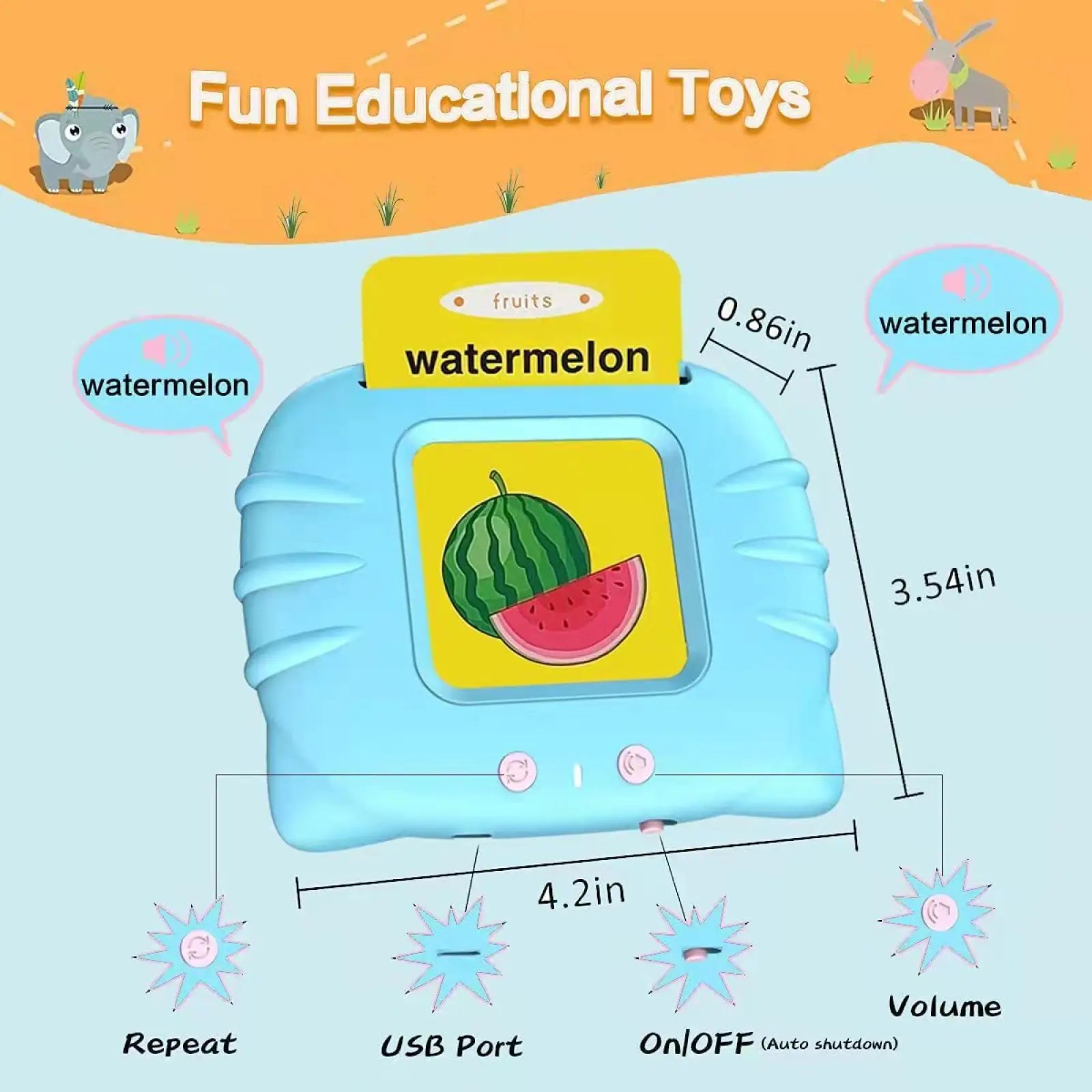 Light blue plastic smart talking flash card with yellow screen displaying a watermelon image for early education