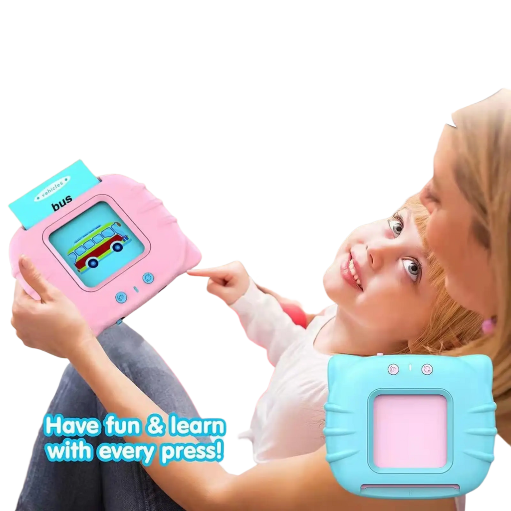 Pink plastic smart talking flash cards early education toy with screen showing a bus and interactive play buttons
