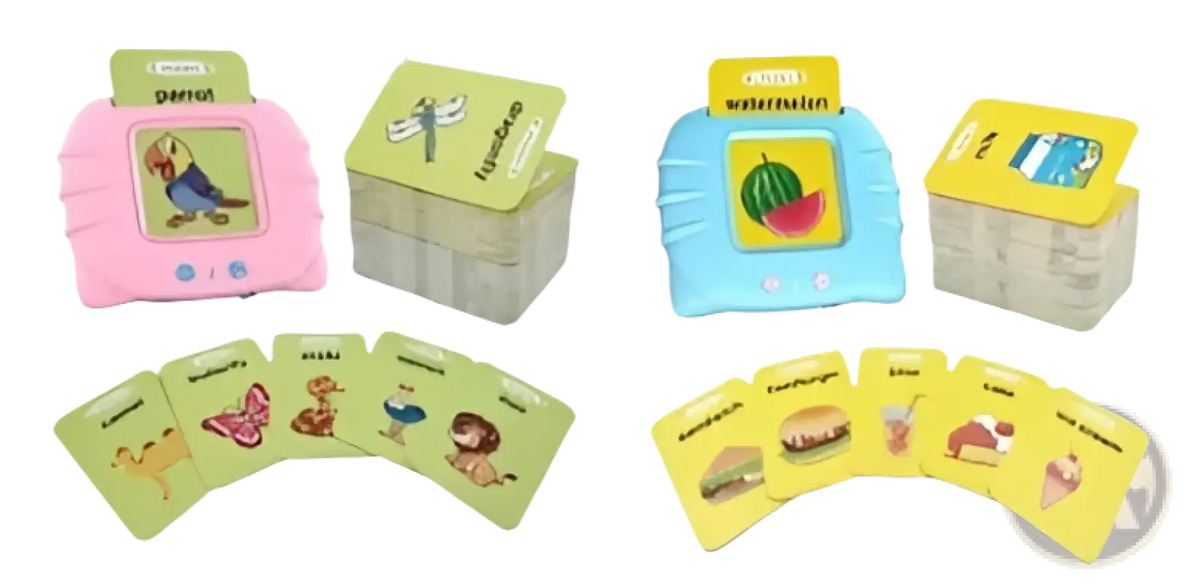Smart talking flash cards early education toy with pink and blue plastic decks featuring colorful animal and food illustrations