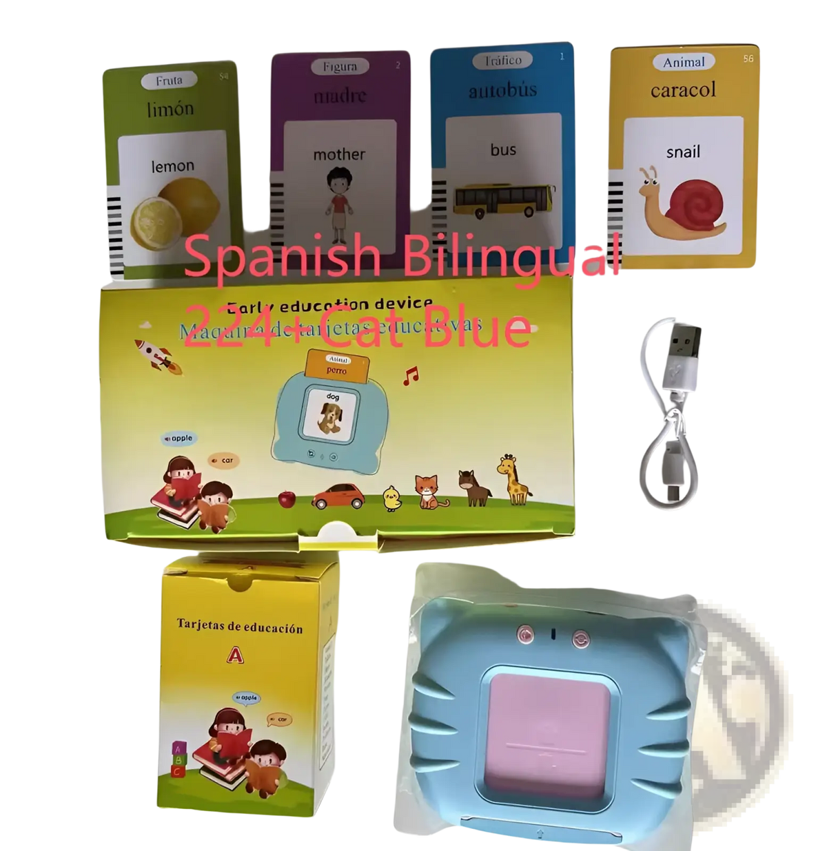 Light blue and pink plastic smart talking flash cards early education toy with a cat-shaped design for toddlers