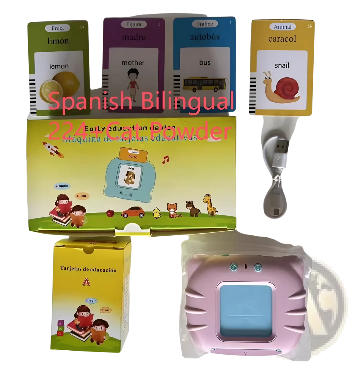 Pink cat-shaped smart talking flash cards early education toy with blue screen and rounded edges for interactive learning