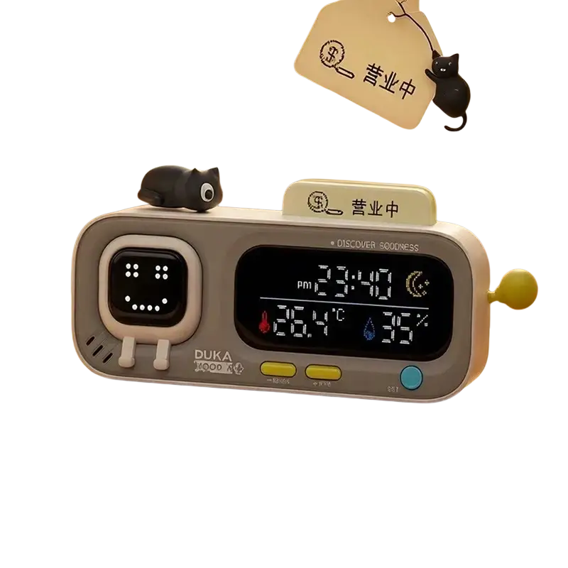 Gray duka mooda smart temperature and humidity clock with smiling face display and cute cat-themed accents