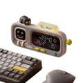 Gray duka mooda smart temperature digital clock with black cat figurine and yellow buttons displays time humidity and temperature