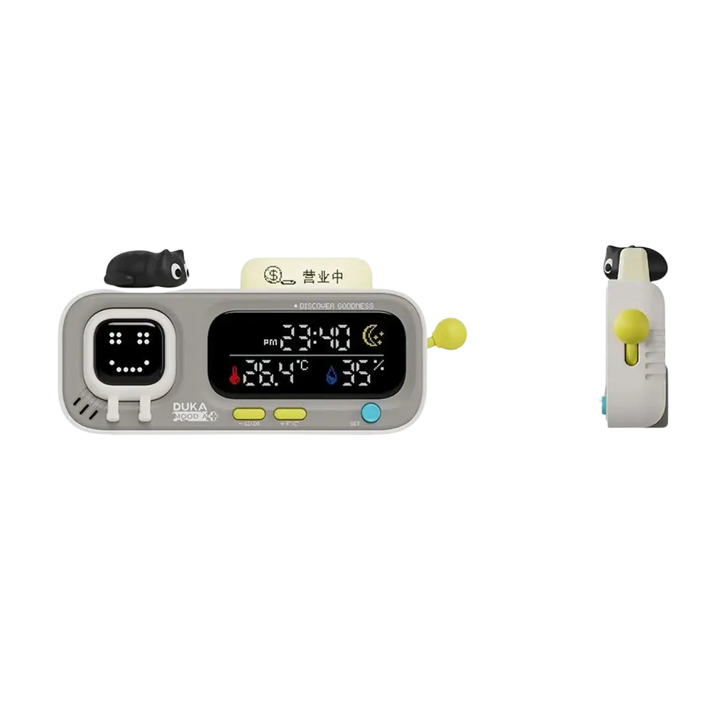 Gray and white duka mooda smart temperature digital thermometer with lcd showing time temperature humidity and sleep mode
