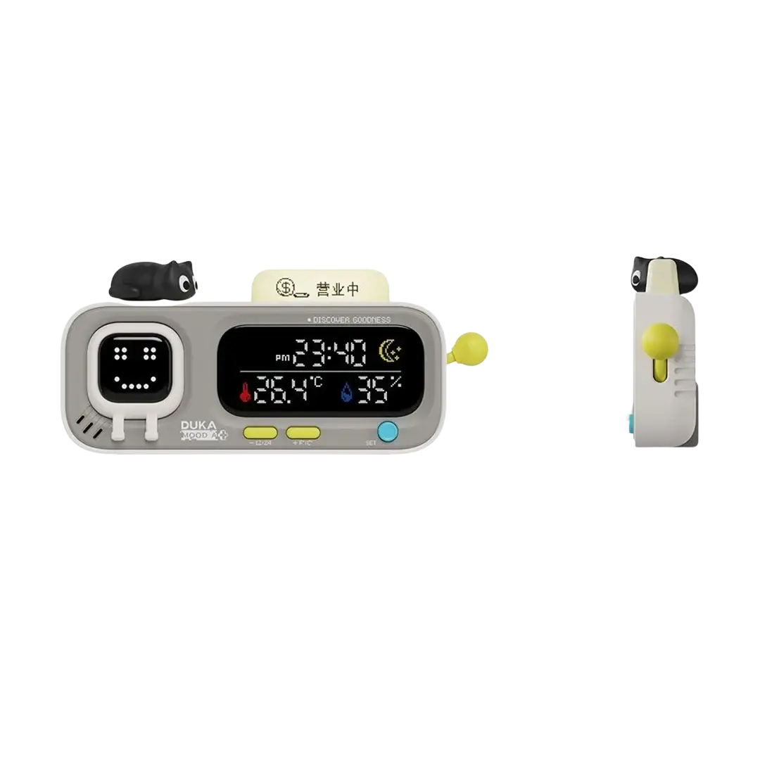 Gray and white duka mooda smart temperature digital thermometer with lcd showing time temperature humidity and sleep mode