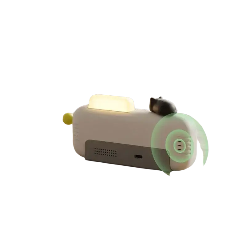 White and gray cat-shaped portable fan with glowing yellow light and black cat figurine for duka mooda smart temperature clock