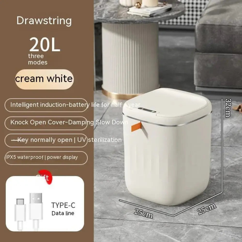Cream white smart touchless motion sensor trash can with sleek rectangular design and metallic trim for home and car