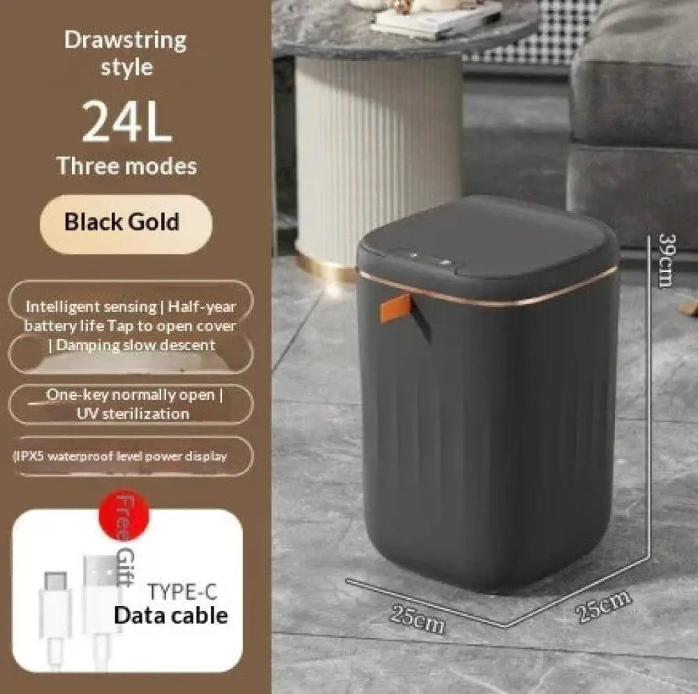 Black and gold smart touchless motion sensor trash can with orange handle and intelligent sensing for home and car use
