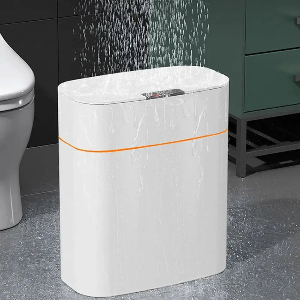 Smart touchless motion sensor trash can with white rectangular body and orange accent stripe for home and car use