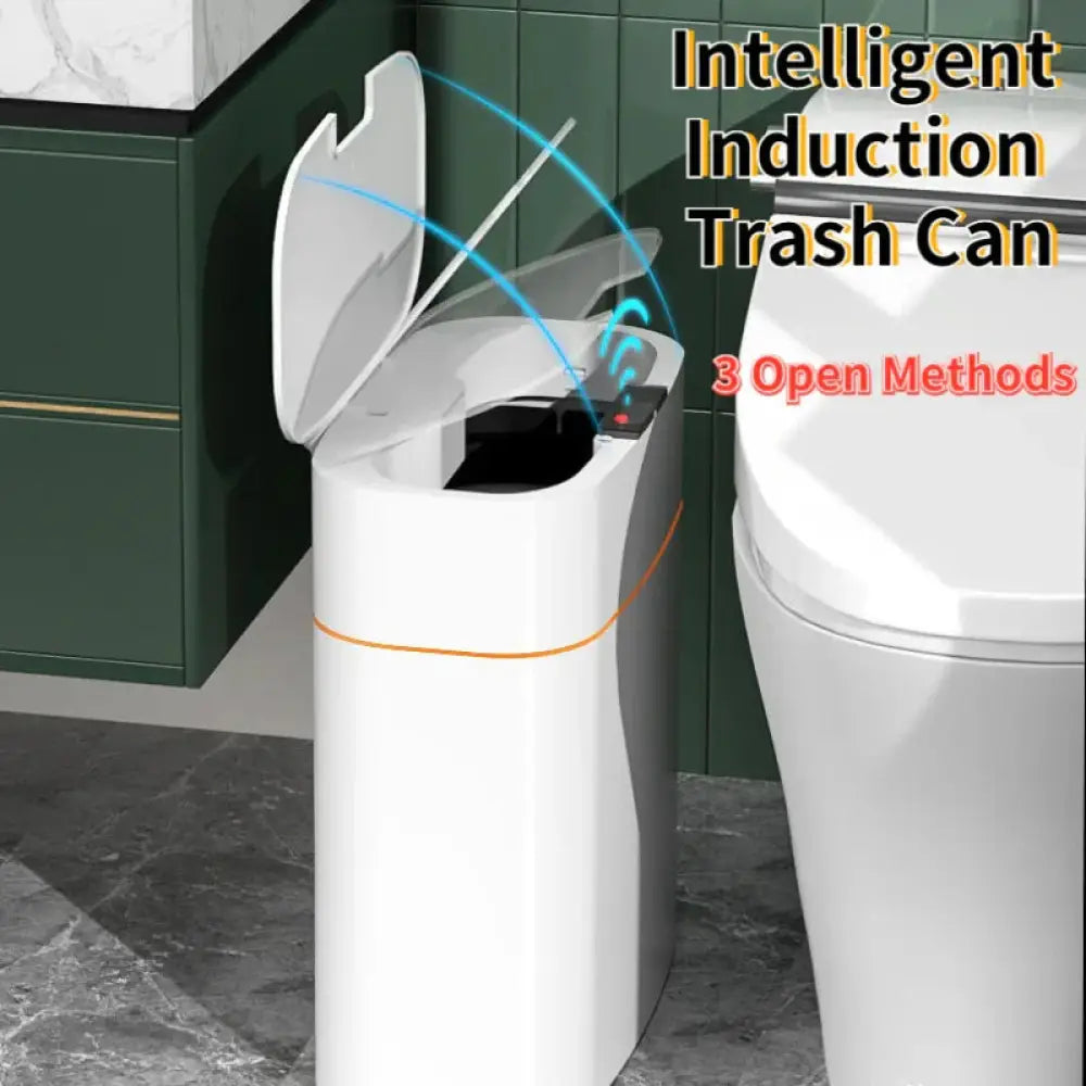 White cylindrical intelligent induction trash can with orange accent stripe smart touchless motion sensor for home and car