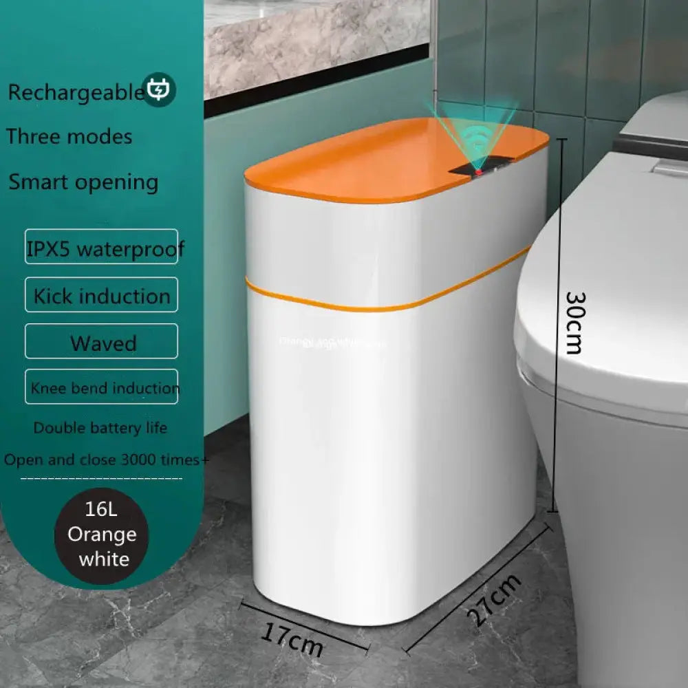 A sleek 16l orange and white smart touchless motion sensor trash can with kick or knee bend induction for home and car