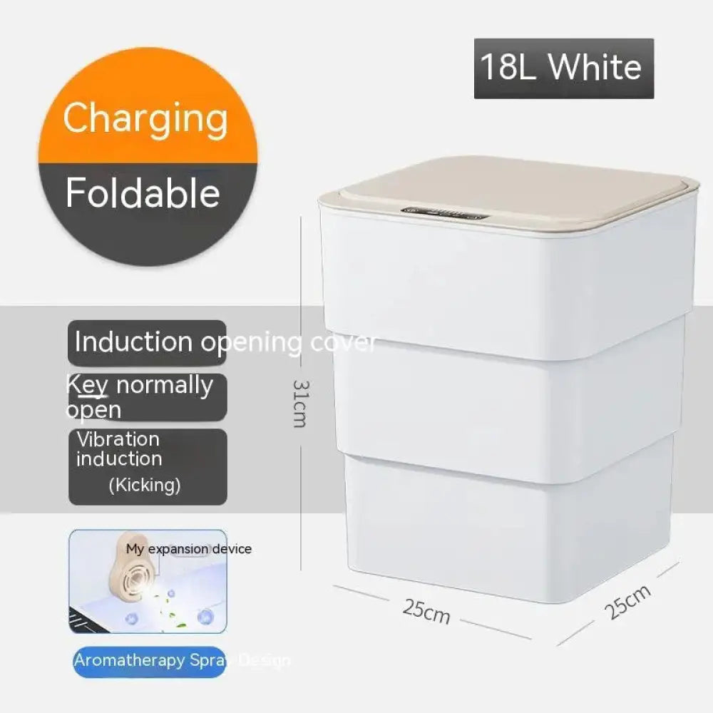 White 18l foldable storage bin with beige lid and induction-opening cover for smart touchless motion sensor trash can