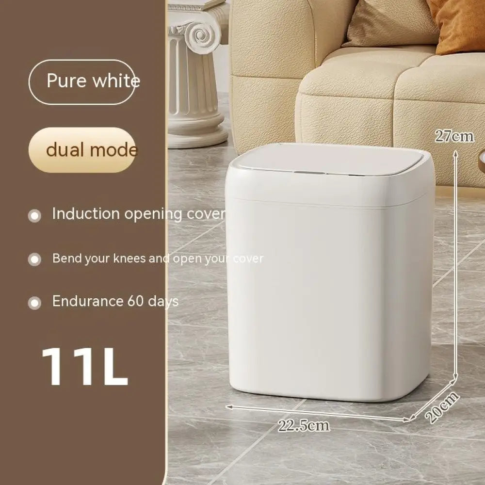 Pure white 11l dual mode induction trash bin with sleek plastic finish for home and car touchless use