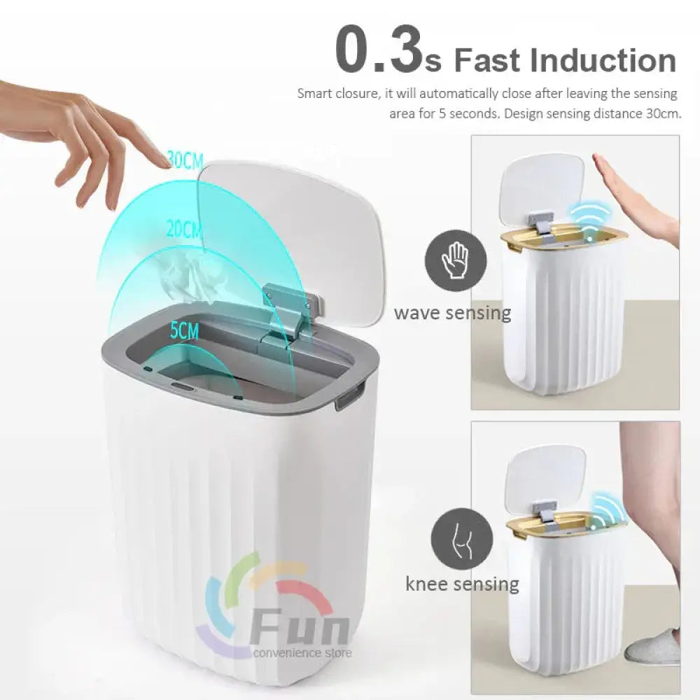 White and gray smart touchless motion sensor trash can with wave and knee sensing technology for home and car use