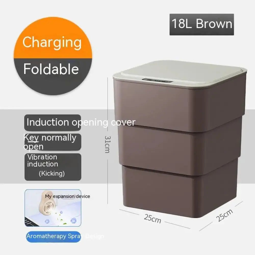 Brown 18l foldable trash bin with light gray induction opening lid smart touchless motion sensor for home and car