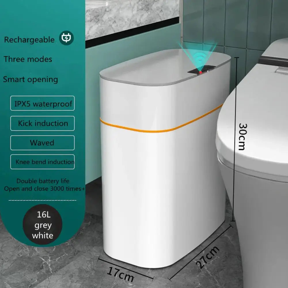 White and grey smart touchless motion sensor trash can with orange accent stripe for home and car use