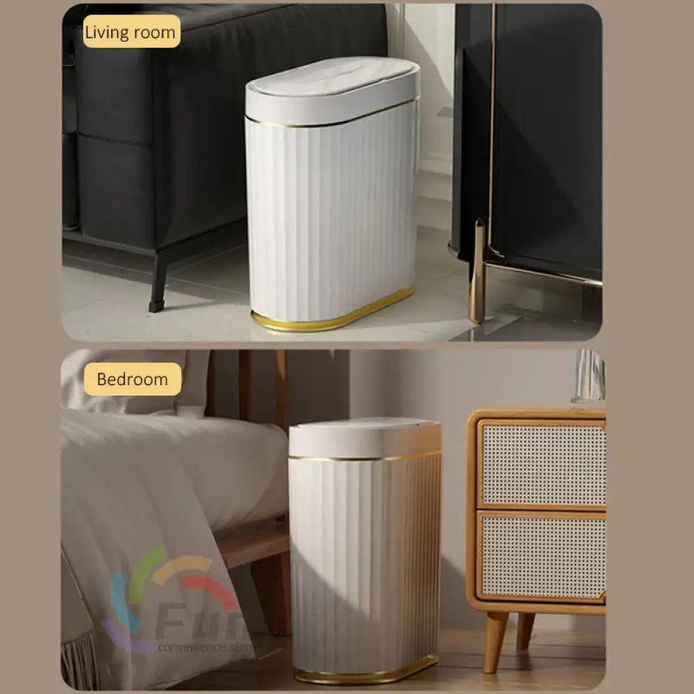 White and gold modern smart touchless motion sensor trash can with vertical ridged design for home and car use