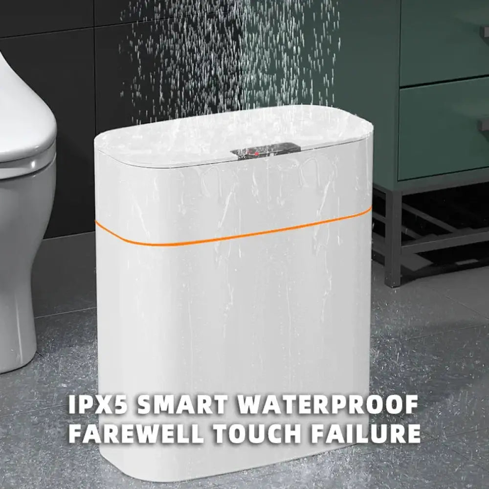 White rectangular smart touchless motion sensor trash can with orange accent and waterproof touch sensitive lid for home and car