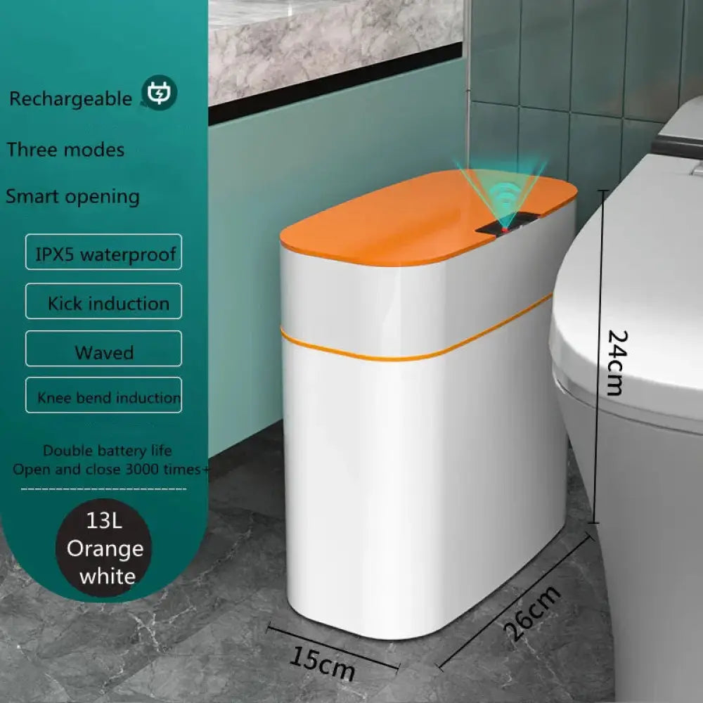 A sleek 13l orange and white smart touchless motion sensor trash can for home and car with a modern design