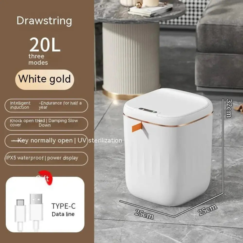 White gold smart touchless motion sensor trash can with 20l capacity and sleek rectangular design for home and car use