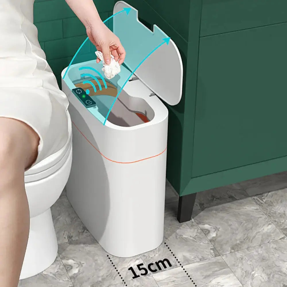 White rectangular smart touchless motion sensor trash can with sleek lid and digital control panel for home and car use
