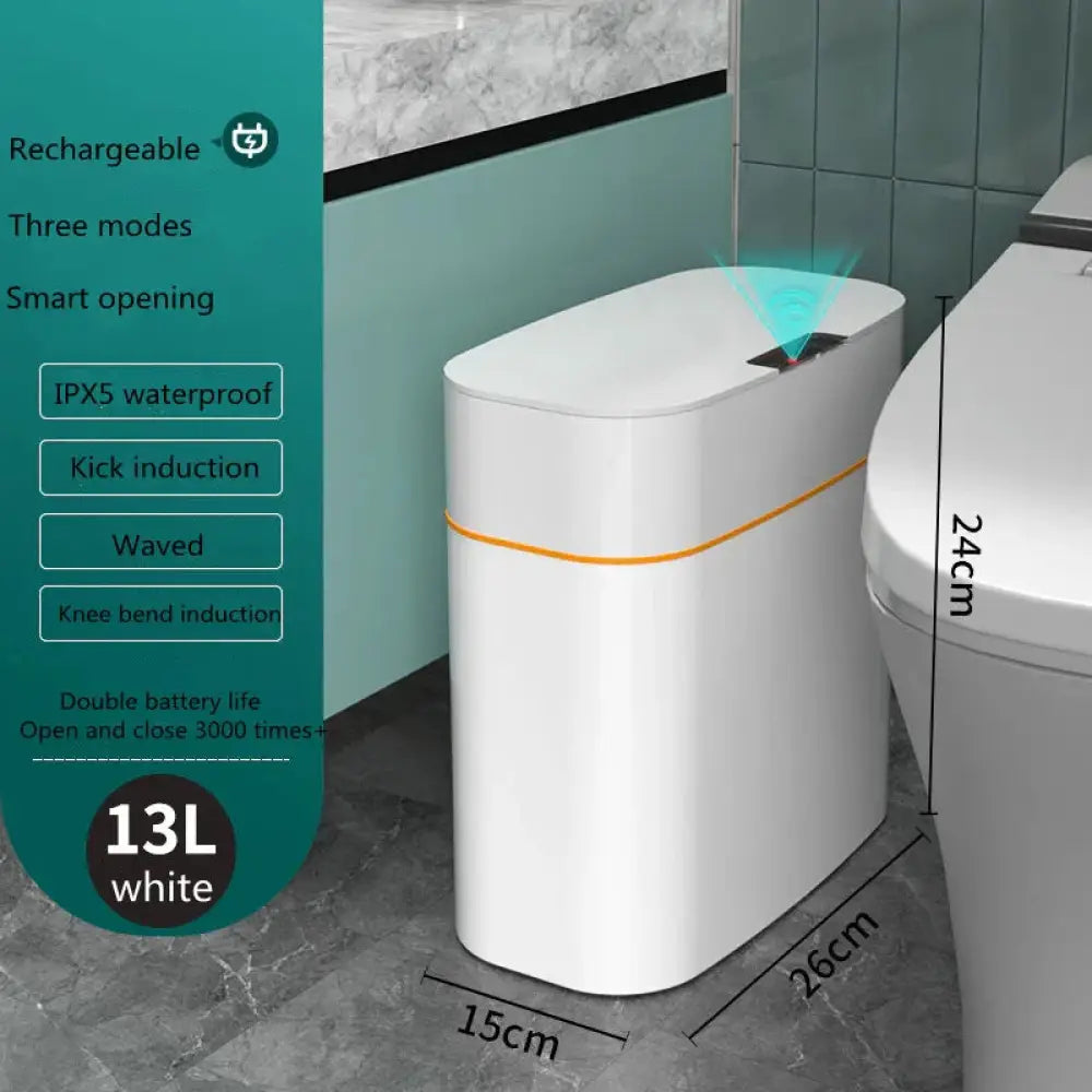 White 13l smart touchless motion sensor trash can with orange accent stripe and sensor-activated lid for home and car