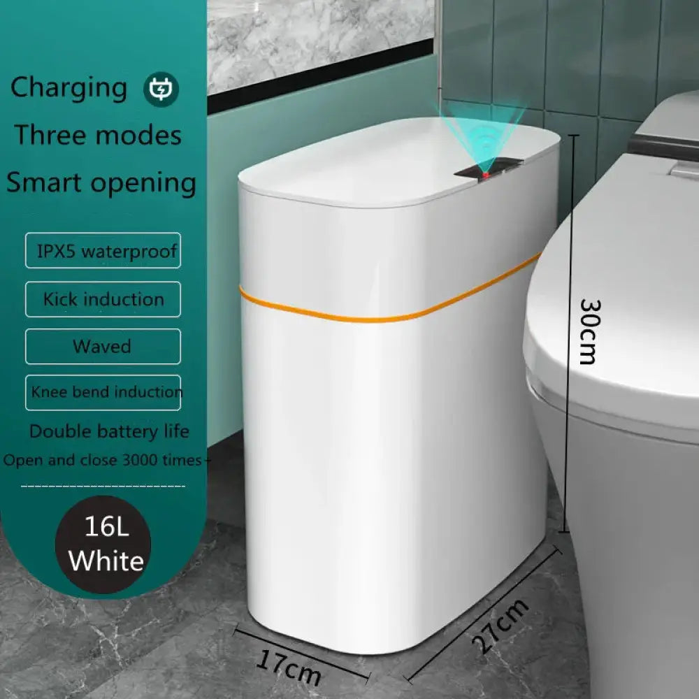 White 16l smart touchless motion sensor trash can with sleek cylindrical design and orange accent for home and car use