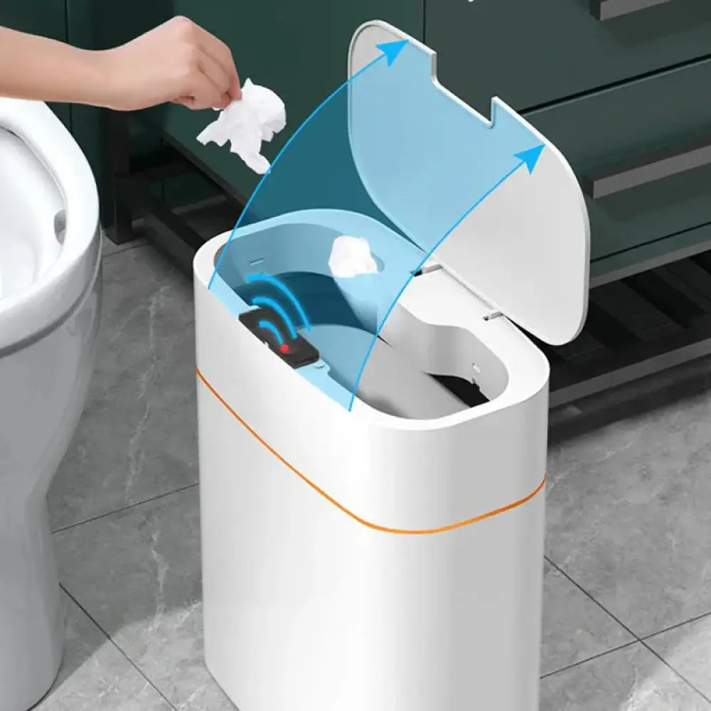 Smart touchless motion sensor white cylindrical trash can with orange accent stripe and automatic hinged lid for home and car