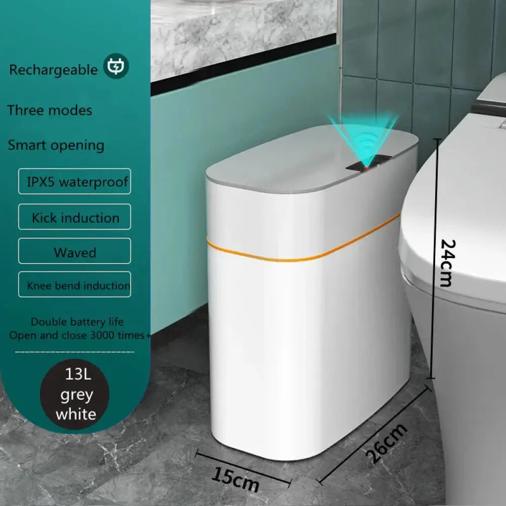 A sleek modern grey and white smart touchless motion sensor trash can with orange accent stripe for home and car use