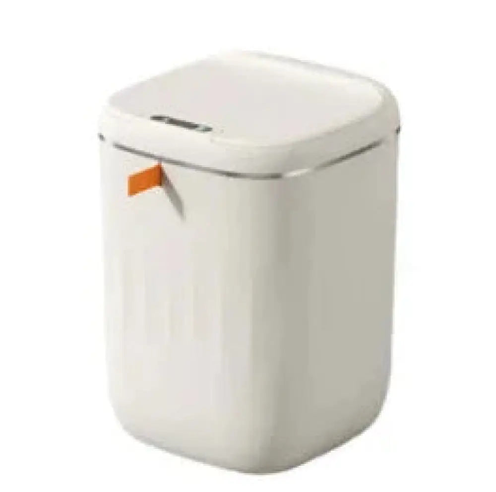 Cream-colored rectangular smart touchless motion sensor trash can with orange pull-tab for home and car use