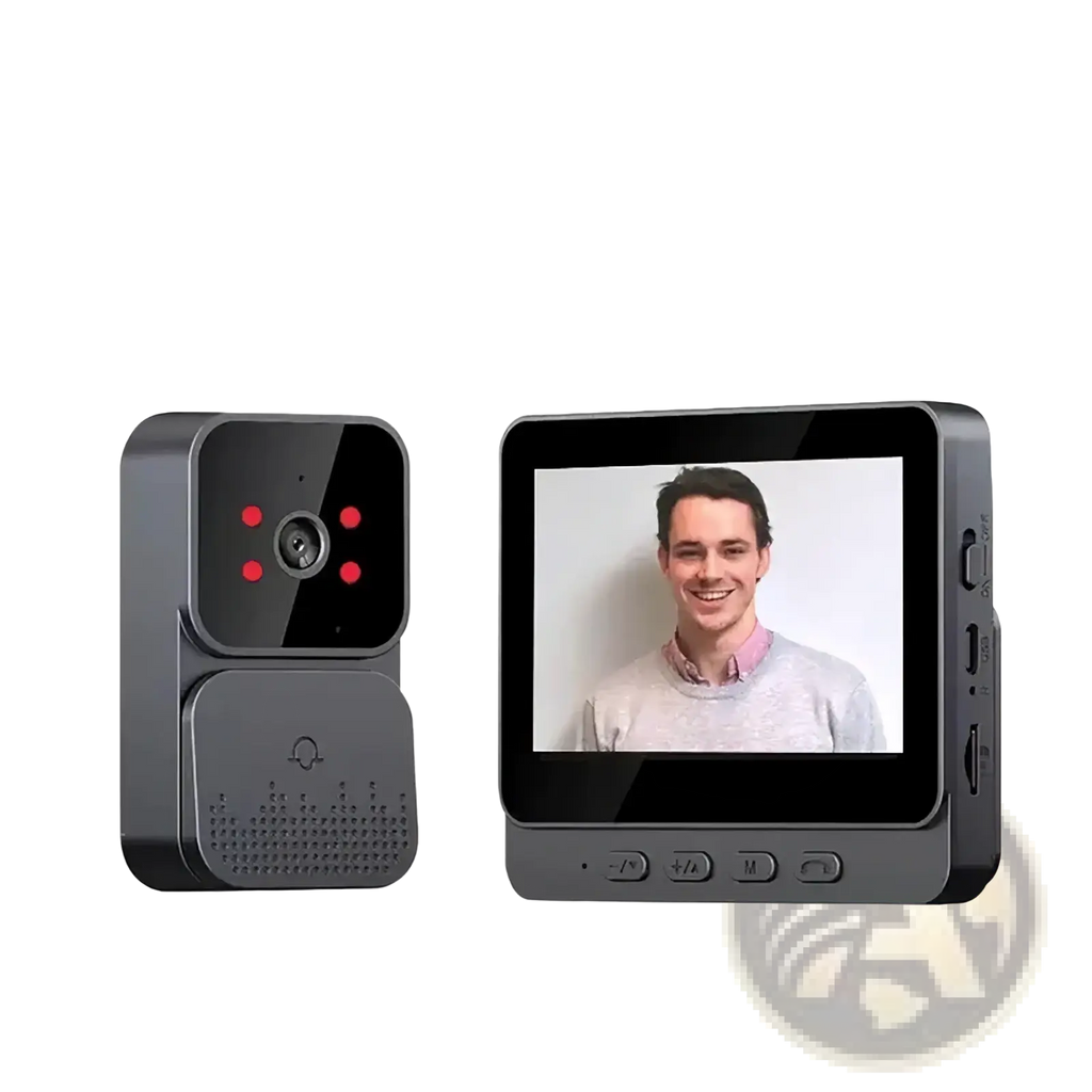Black 4.3 inch smart video doorbell with red led indicators wide field of view and bluetooth connectivity in sleek housing