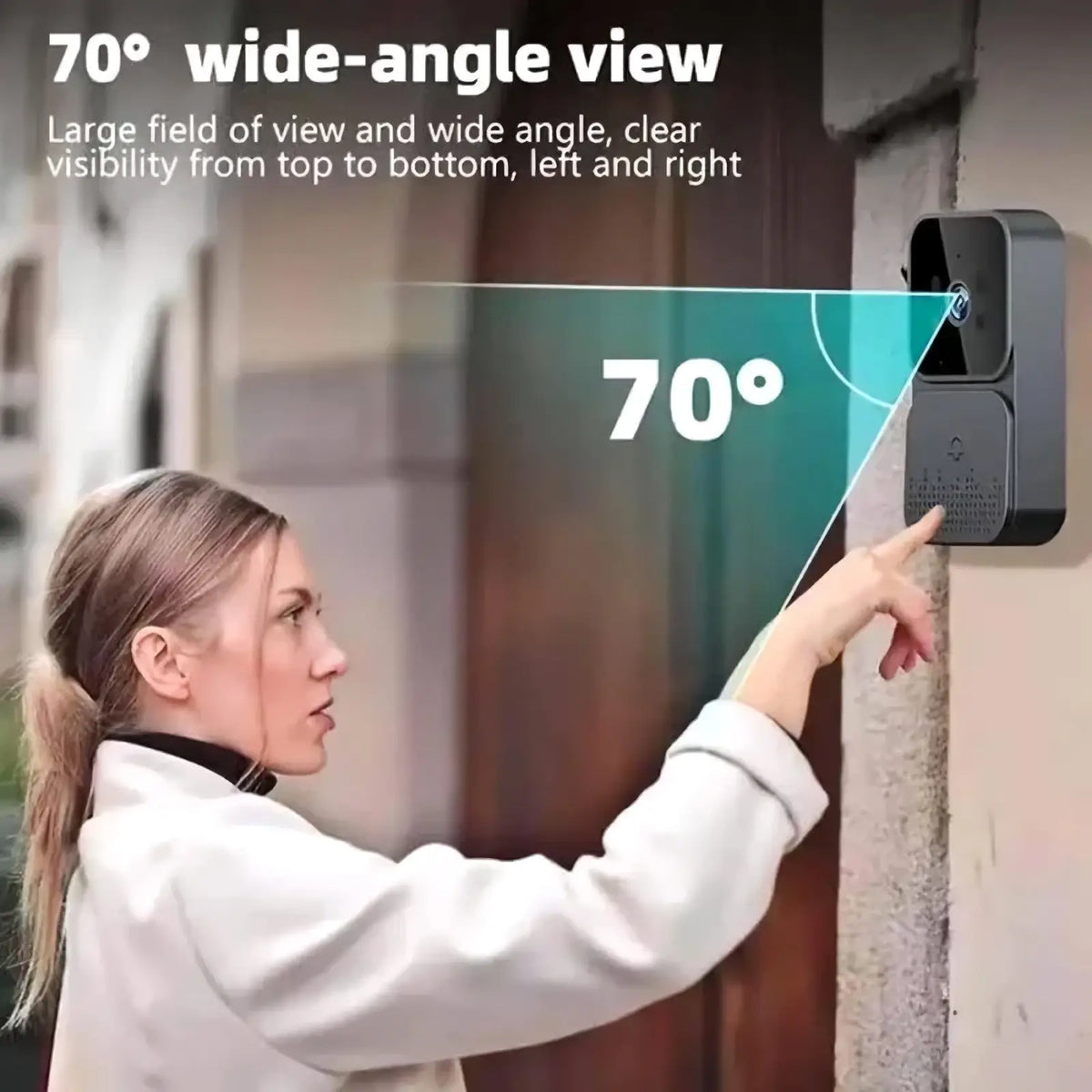 Black rectangular smart video doorbell with 4.3 inch screen featuring 70 degree wide angle lens and integrated speaker grille
