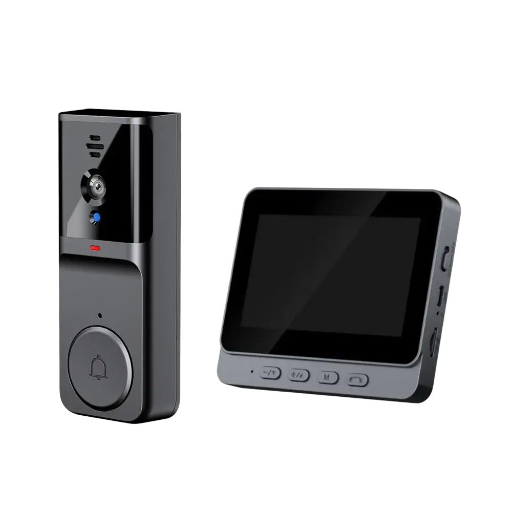 Smart video doorbell with 4.3 inch screen in black and silver featuring a rectangular monitor for home security