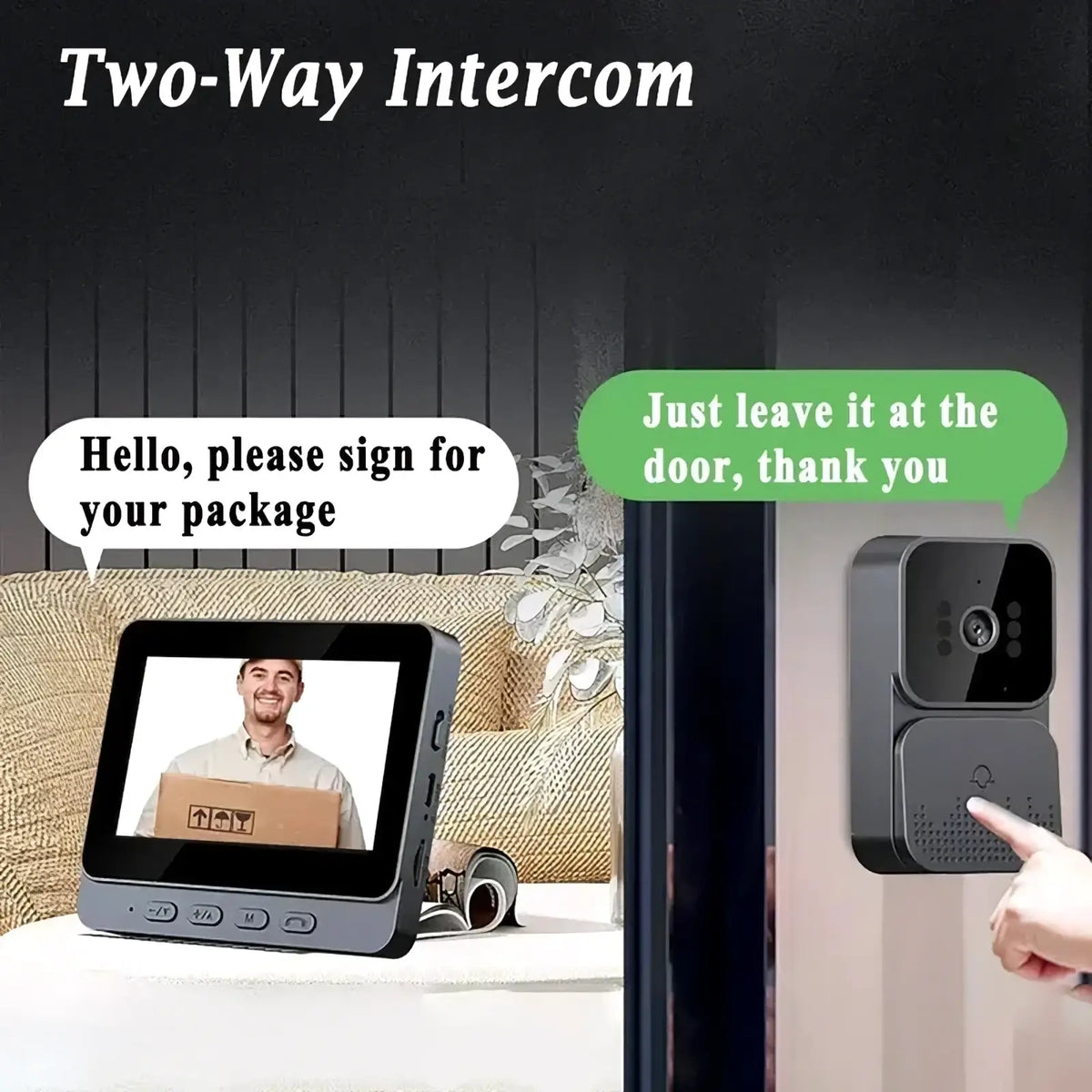 Black two-way intercom smart video doorbell with camera and 4.3 inch screen mounted on wall for home security