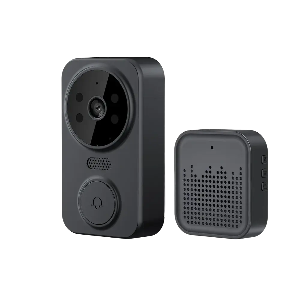 Black smart video doorbell with 4.3 inch screen featuring a circular lens and speaker grille for wireless use