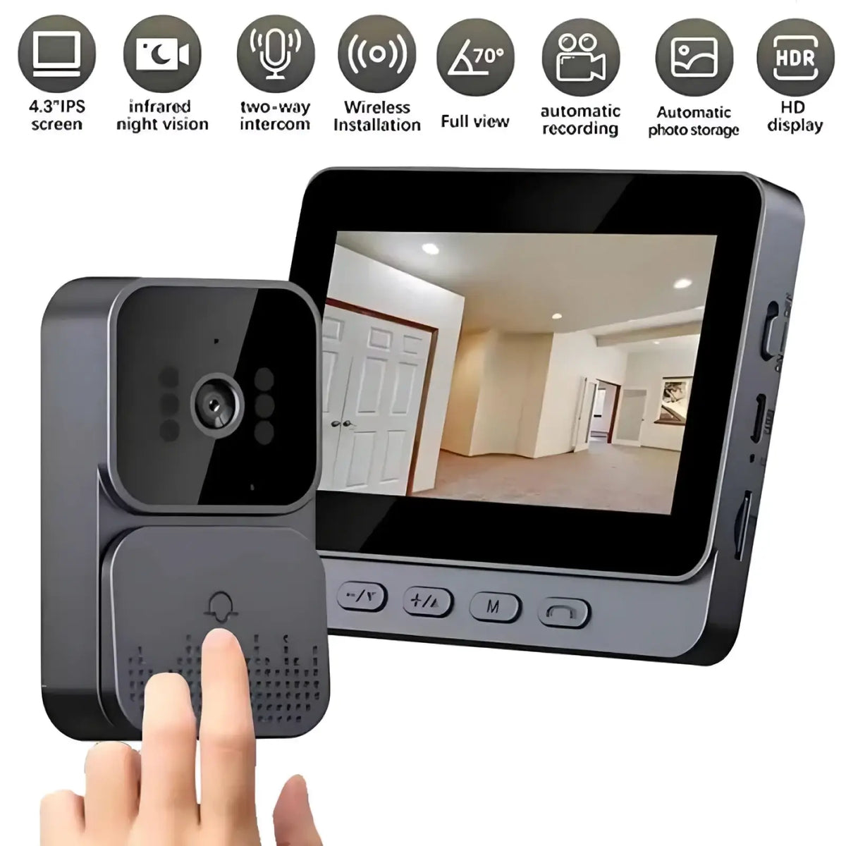 Black smart video doorbell with 4.3 inch ips screen and infrared night vision for enhanced home security