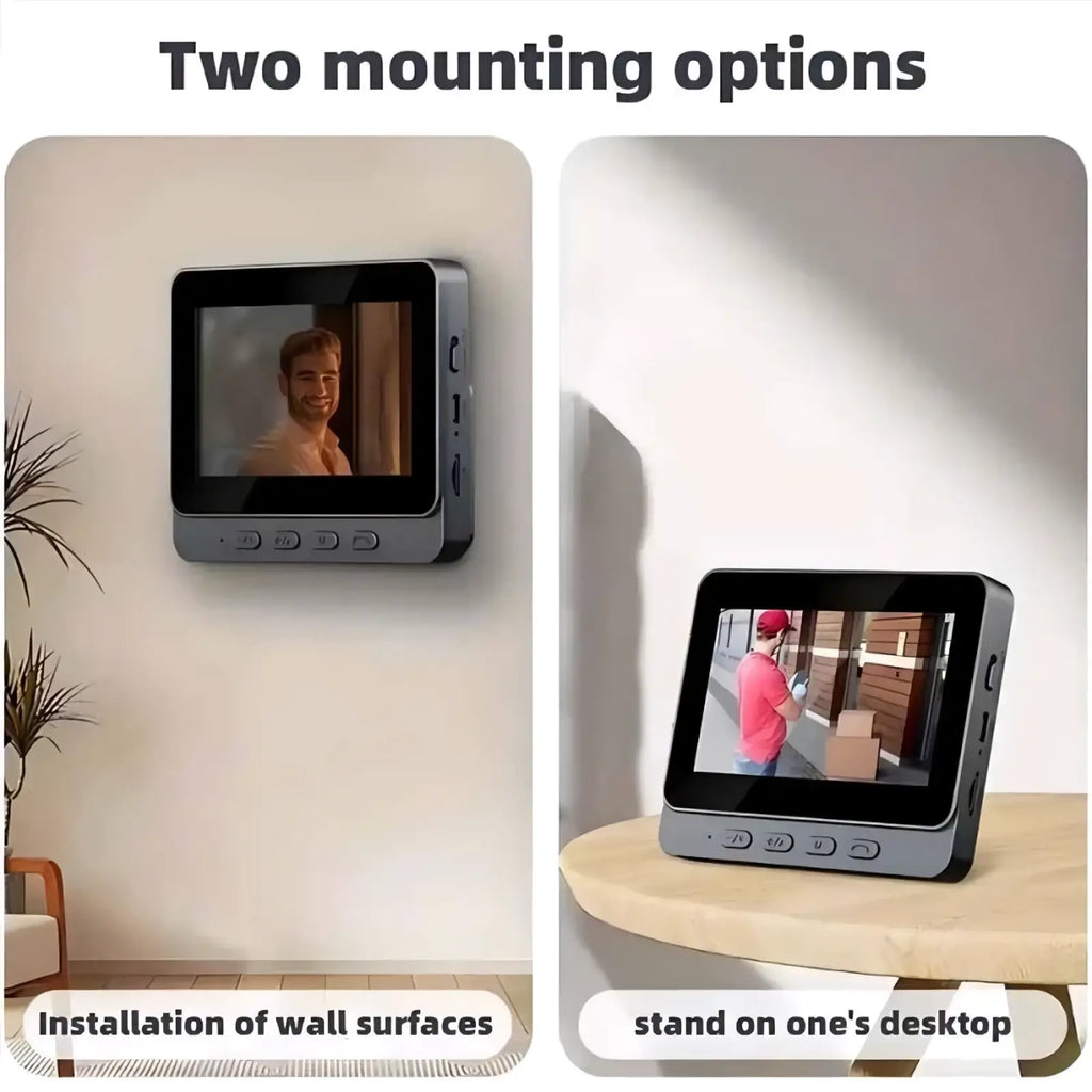 Gray rectangular smart video doorbell with 4.3 inch touchscreen display and physical buttons below the screen