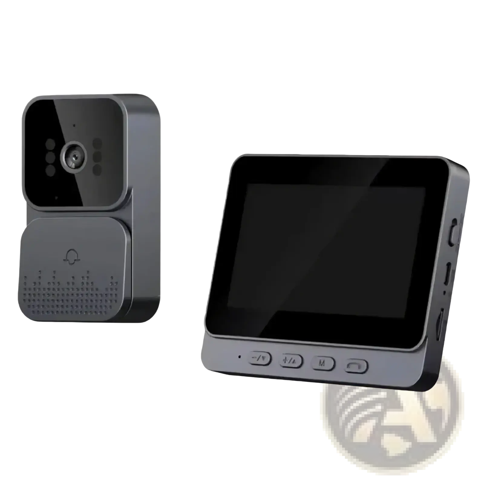 Smart video doorbell with 4.3 inch screen featuring a sleek black and silver design and modern video camera system