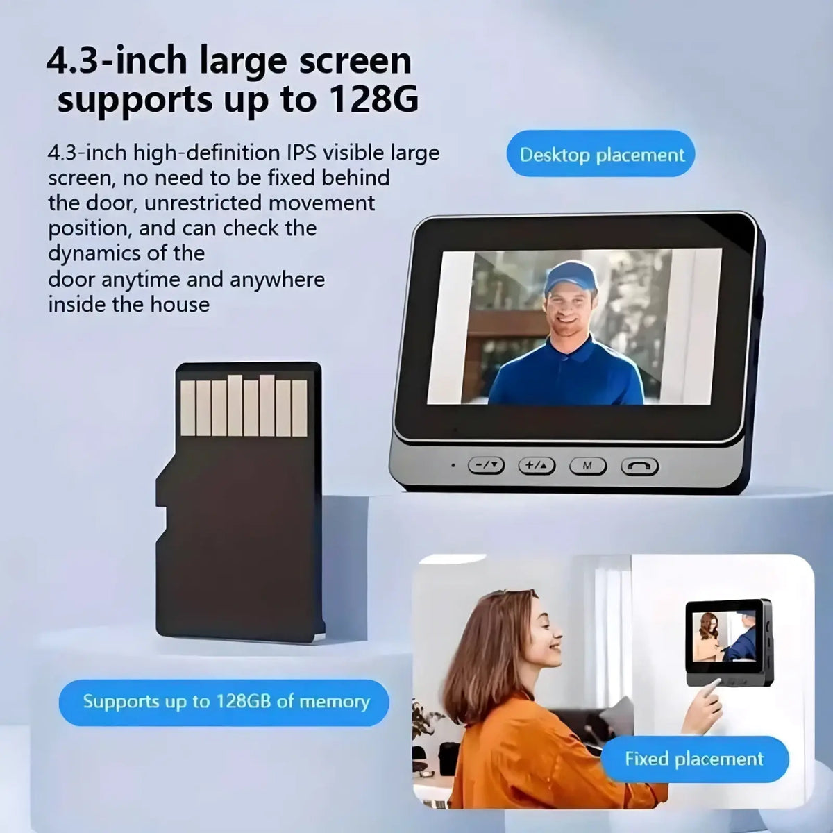 Smart video doorbell with 4.3 inch black-framed ips screen, silver buttons, night vision, and desktop use showing a man