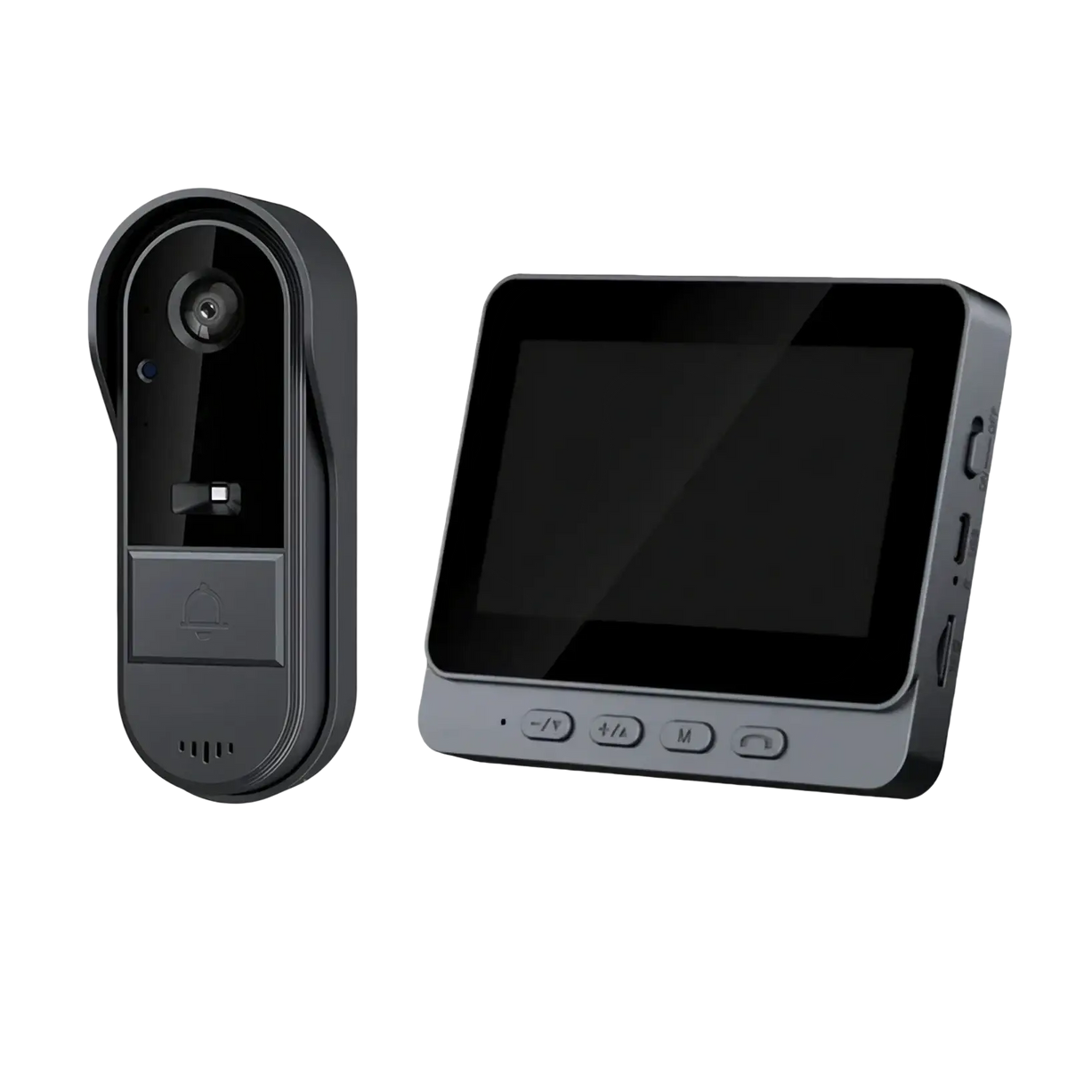 Black and gray smart video doorbell with 4.3 inch screen and night vision featuring a sleek modern design