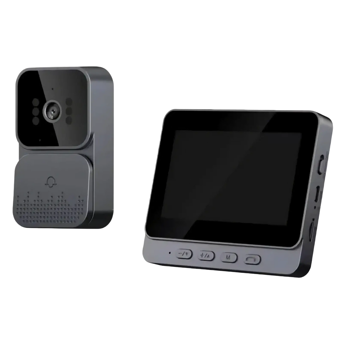 Black and silver smart video doorbell with 4.3 inch screen and night vision in sleek modern design